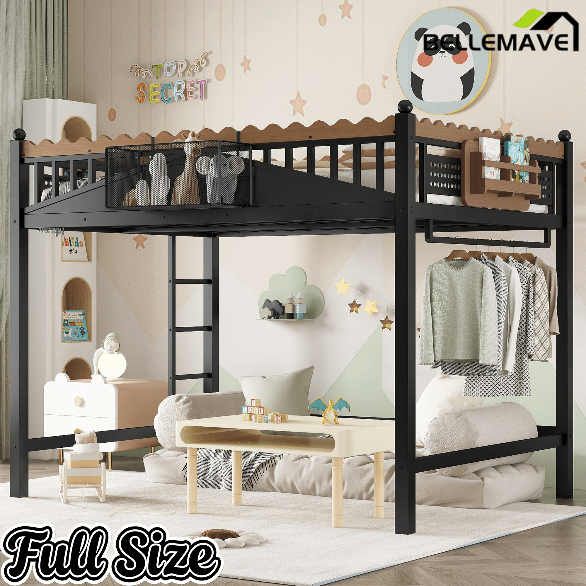 Bellemave® Loft Bed with Ladder and Storage Shelves and Bookshelf, Metal Loft Bed Frame, Black - Bellemave