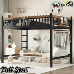 Bellemave® Loft Bed with Ladder and Storage Shelves and Bookshelf, Metal Loft Bed Frame, Black - Bellemave