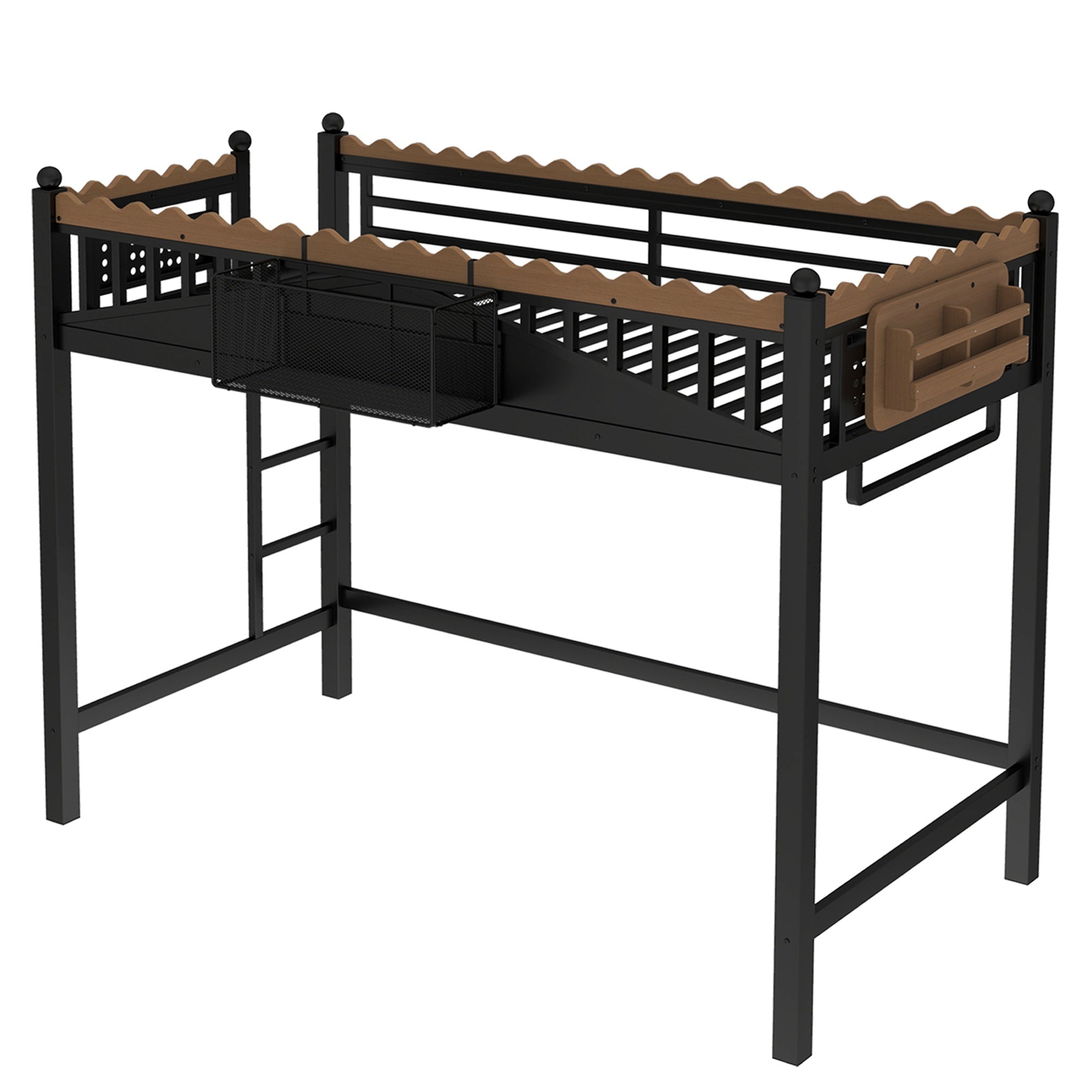 Bellemave® Loft Bed with Ladder and Storage Shelves and Bookshelf, Metal Loft Bed Frame, Black - Bellemave