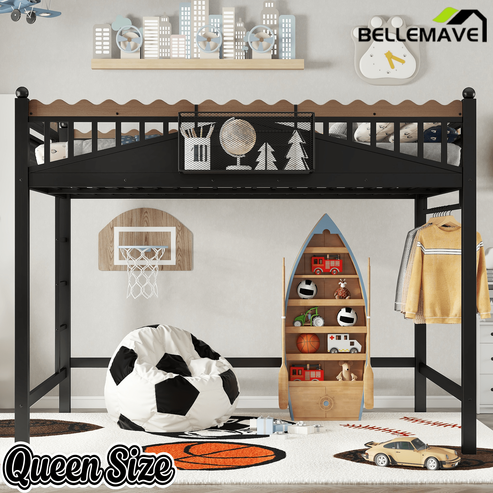 Bellemave® Loft Bed with Ladder and Storage Shelves and Bookshelf, Metal Loft Bed Frame, Black - Bellemave