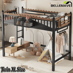 Bellemave® Loft Bed with Ladder and Storage Shelves and Bookshelf, Metal Loft Bed Frame, Black - Bellemave