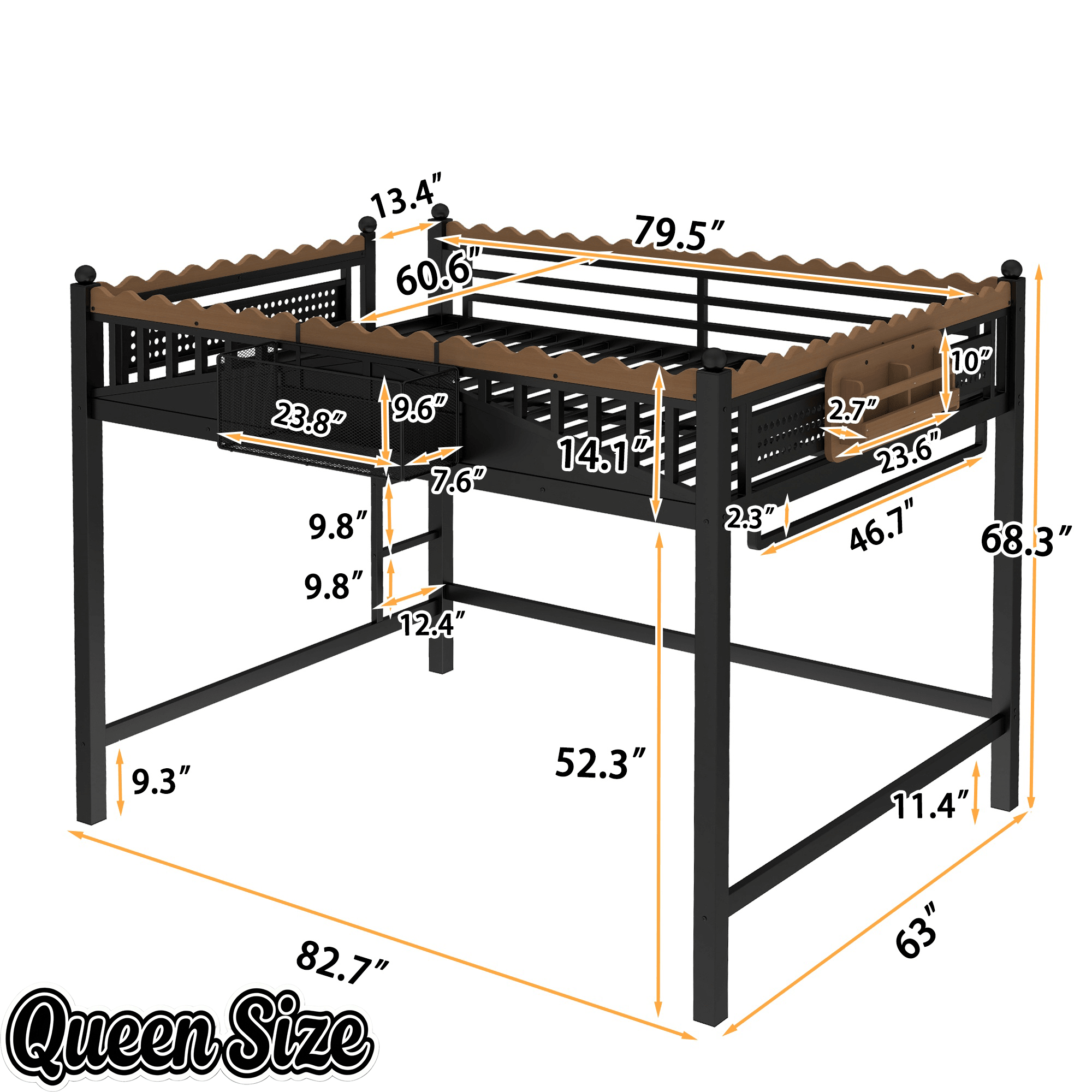 Bellemave® Loft Bed with Ladder and Storage Shelves and Bookshelf, Metal Loft Bed Frame, Black - Bellemave