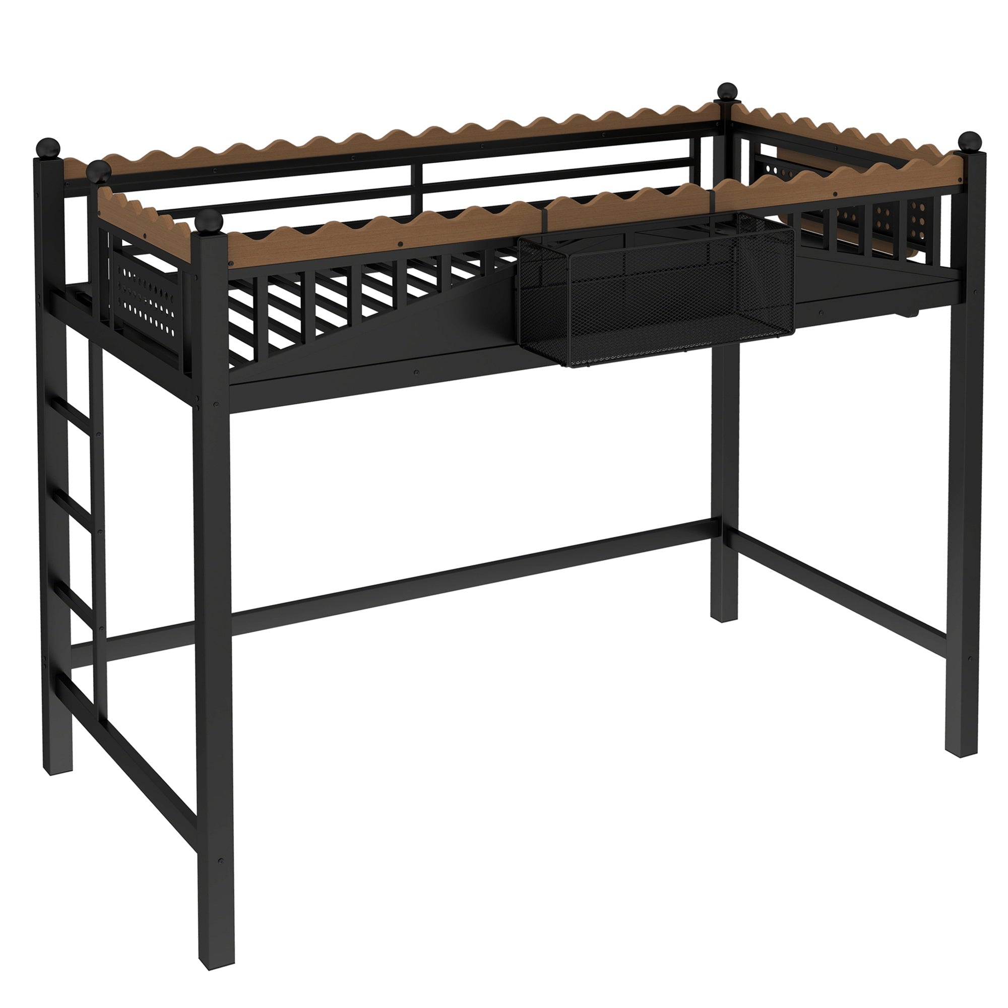 Bellemave® Loft Bed with Ladder and Storage Shelves and Bookshelf, Metal Loft Bed Frame, Black - Bellemave