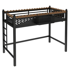 Bellemave® Loft Bed with Ladder and Storage Shelves and Bookshelf, Metal Loft Bed Frame, Black - Bellemave
