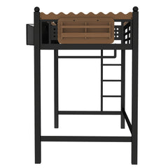 Bellemave® Loft Bed with Ladder and Storage Shelves and Bookshelf, Metal Loft Bed Frame, Black - Bellemave