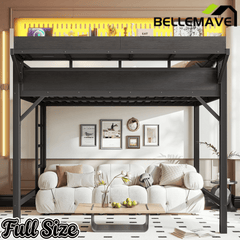 Bellemave® Loft Bed with Ladder, Storage Shelves & Pegboard, Metal Loft Bed Frame with USB Ports & LED Lights for Adults & Teens - Bellemave
