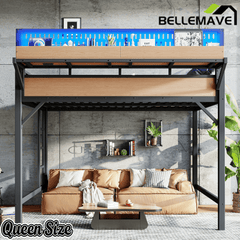 Bellemave® Loft Bed with Ladder, Storage Shelves & Pegboard, Metal Loft Bed Frame with USB Ports & LED Lights for Adults & Teens - Bellemave