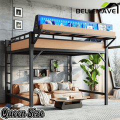 Bellemave® Loft Bed with Ladder, Storage Shelves & Pegboard, Metal Loft Bed Frame with USB Ports & LED Lights for Adults & Teens - Bellemave