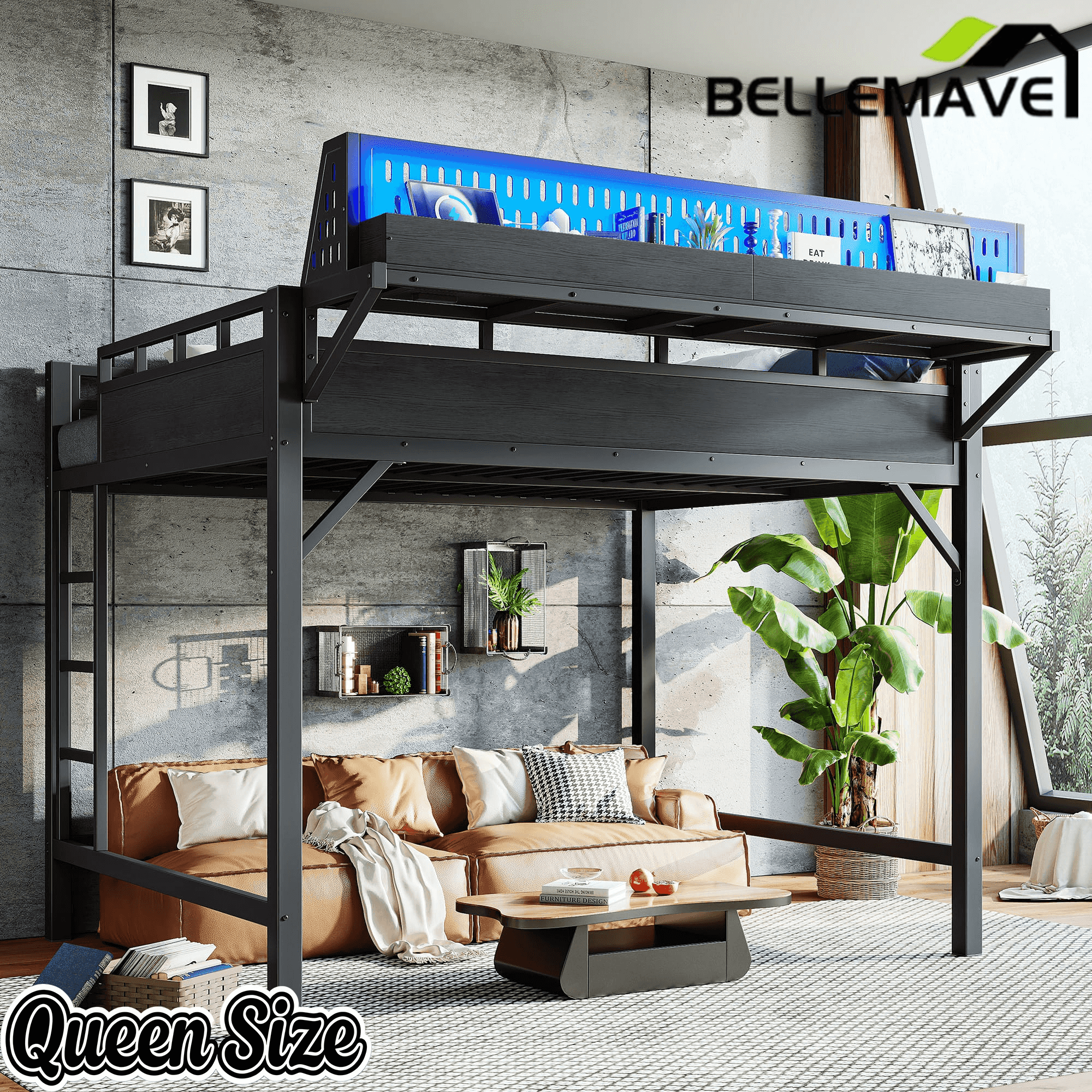 Bellemave® Loft Bed with Ladder, Storage Shelves & Pegboard, Metal Loft Bed Frame with USB Ports & LED Lights for Adults & Teens - Bellemave