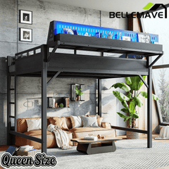 Bellemave® Loft Bed with Ladder, Storage Shelves & Pegboard, Metal Loft Bed Frame with USB Ports & LED Lights for Adults & Teens - Bellemave
