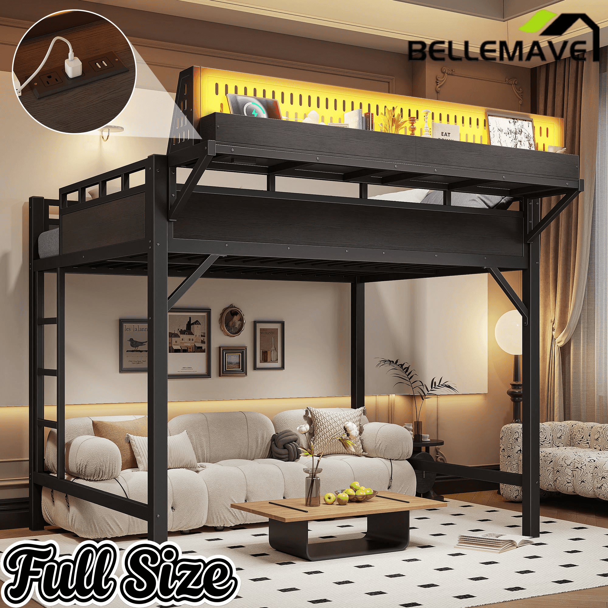 Bellemave® Loft Bed with Ladder, Storage Shelves & Pegboard, Metal Loft Bed Frame with USB Ports & LED Lights for Adults & Teens - Bellemave