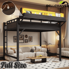 Bellemave® Loft Bed with Ladder, Storage Shelves & Pegboard, Metal Loft Bed Frame with USB Ports & LED Lights for Adults & Teens - Bellemave