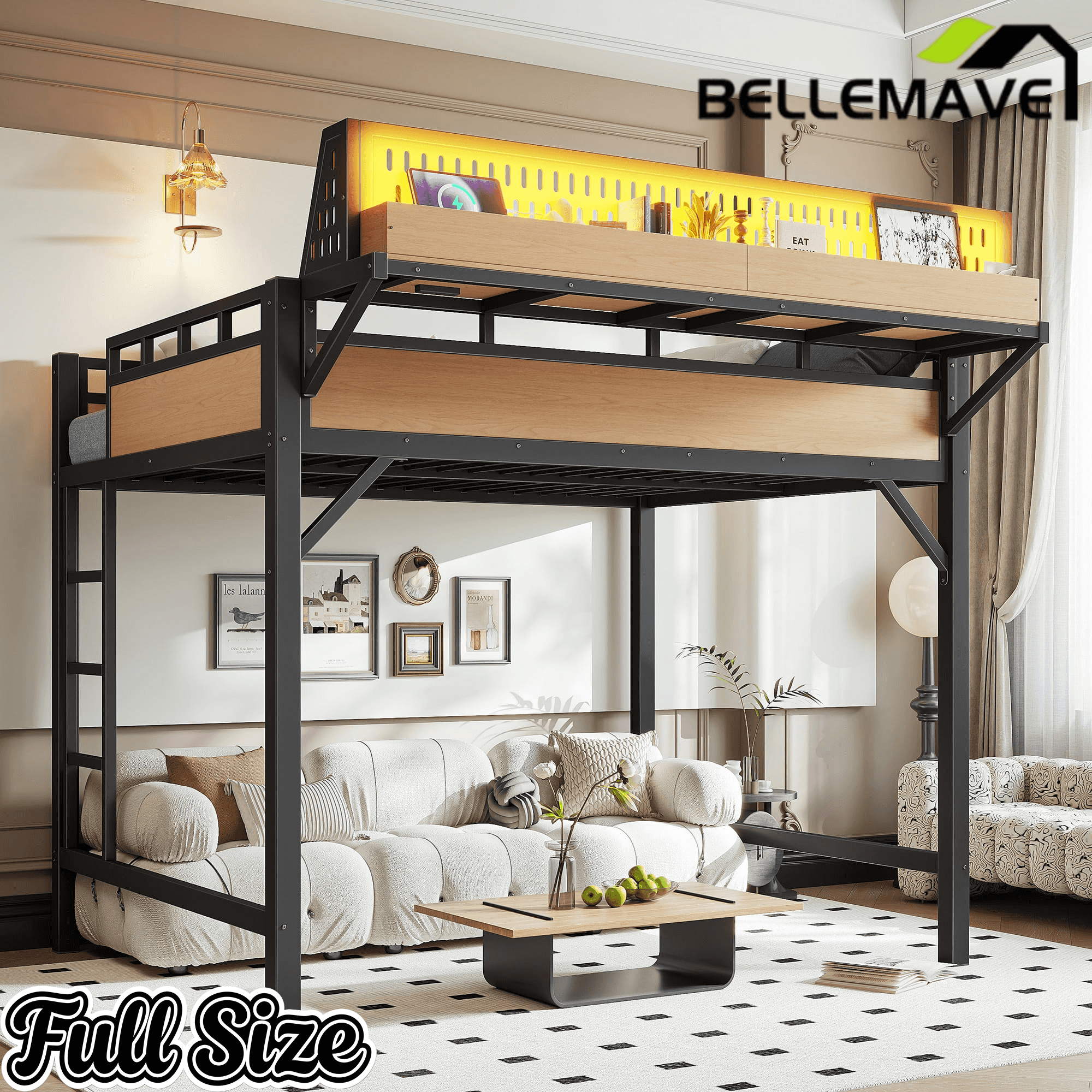 Bellemave® Loft Bed with Ladder, Storage Shelves & Pegboard, Metal Loft Bed Frame with USB Ports & LED Lights for Adults & Teens - Bellemave