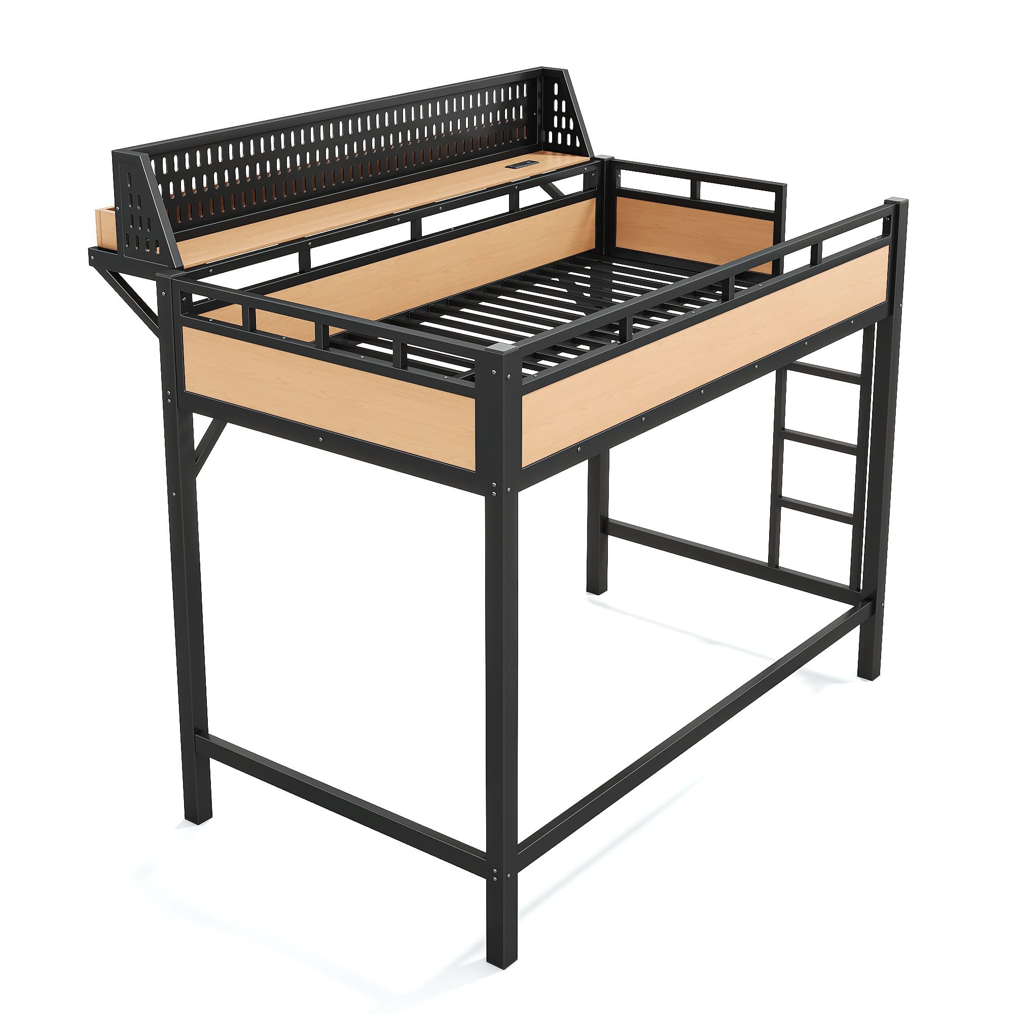 Bellemave® Loft Bed with Ladder, Storage Shelves & Pegboard, Metal Loft Bed Frame with USB Ports & LED Lights for Adults & Teens - Bellemave