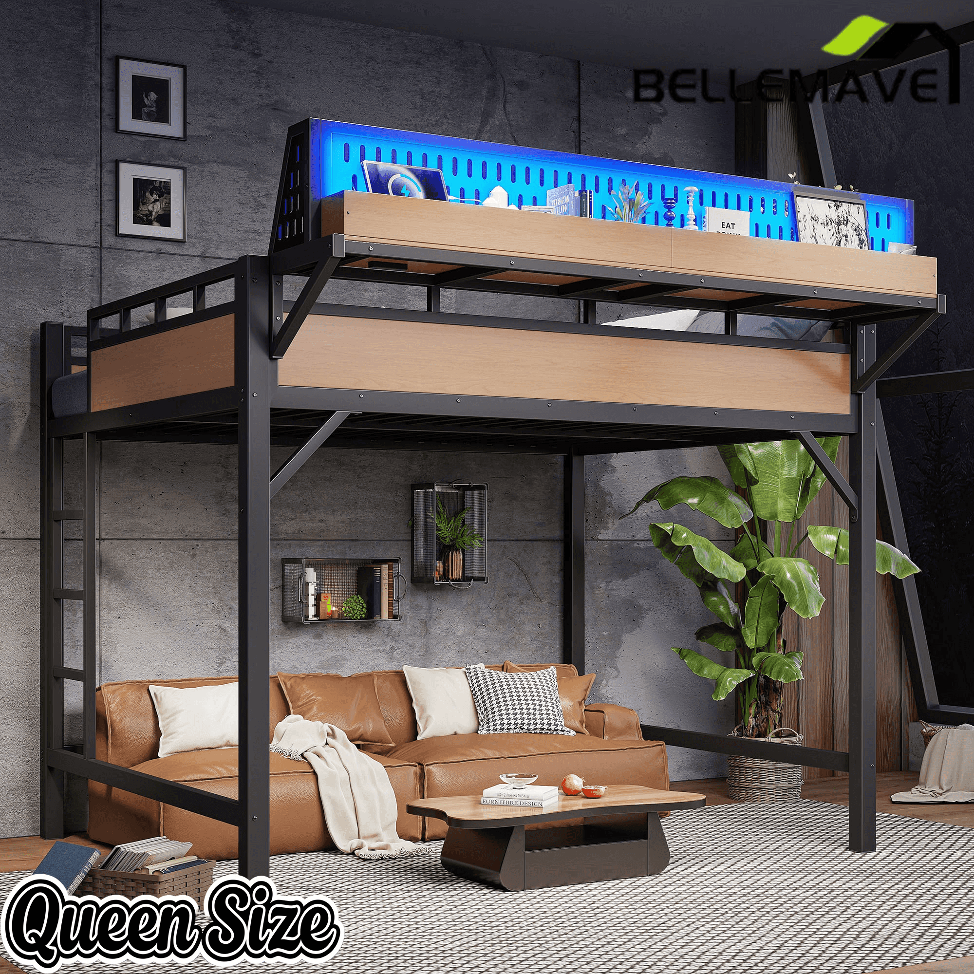 Bellemave® Loft Bed with Ladder, Storage Shelves & Pegboard, Metal Loft Bed Frame with USB Ports & LED Lights for Adults & Teens - Bellemave