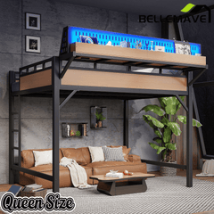 Bellemave® Loft Bed with Ladder, Storage Shelves & Pegboard, Metal Loft Bed Frame with USB Ports & LED Lights for Adults & Teens - Bellemave