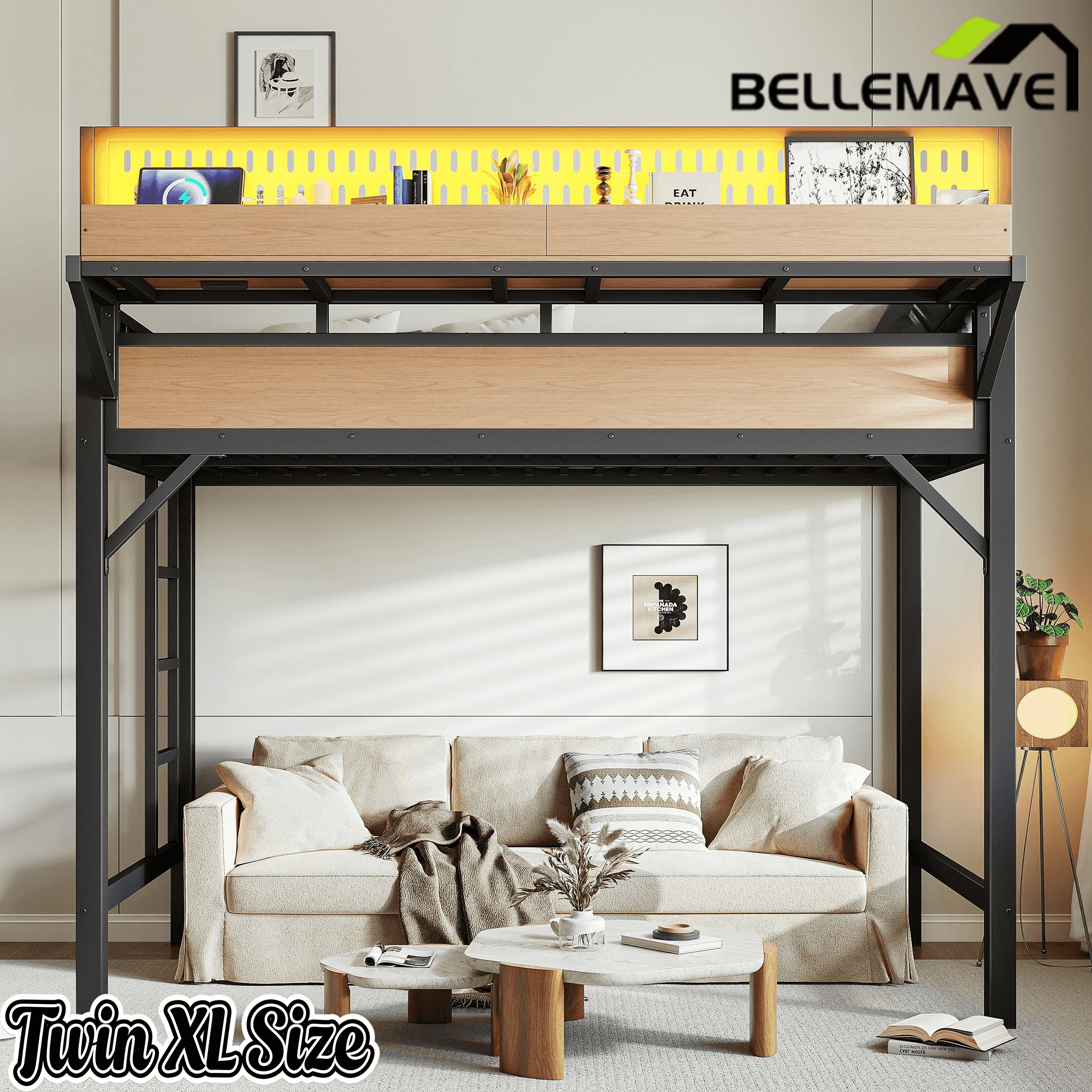 Bellemave® Loft Bed with Ladder, Storage Shelves & Pegboard, Metal Loft Bed Frame with USB Ports & LED Lights for Adults & Teens - Bellemave