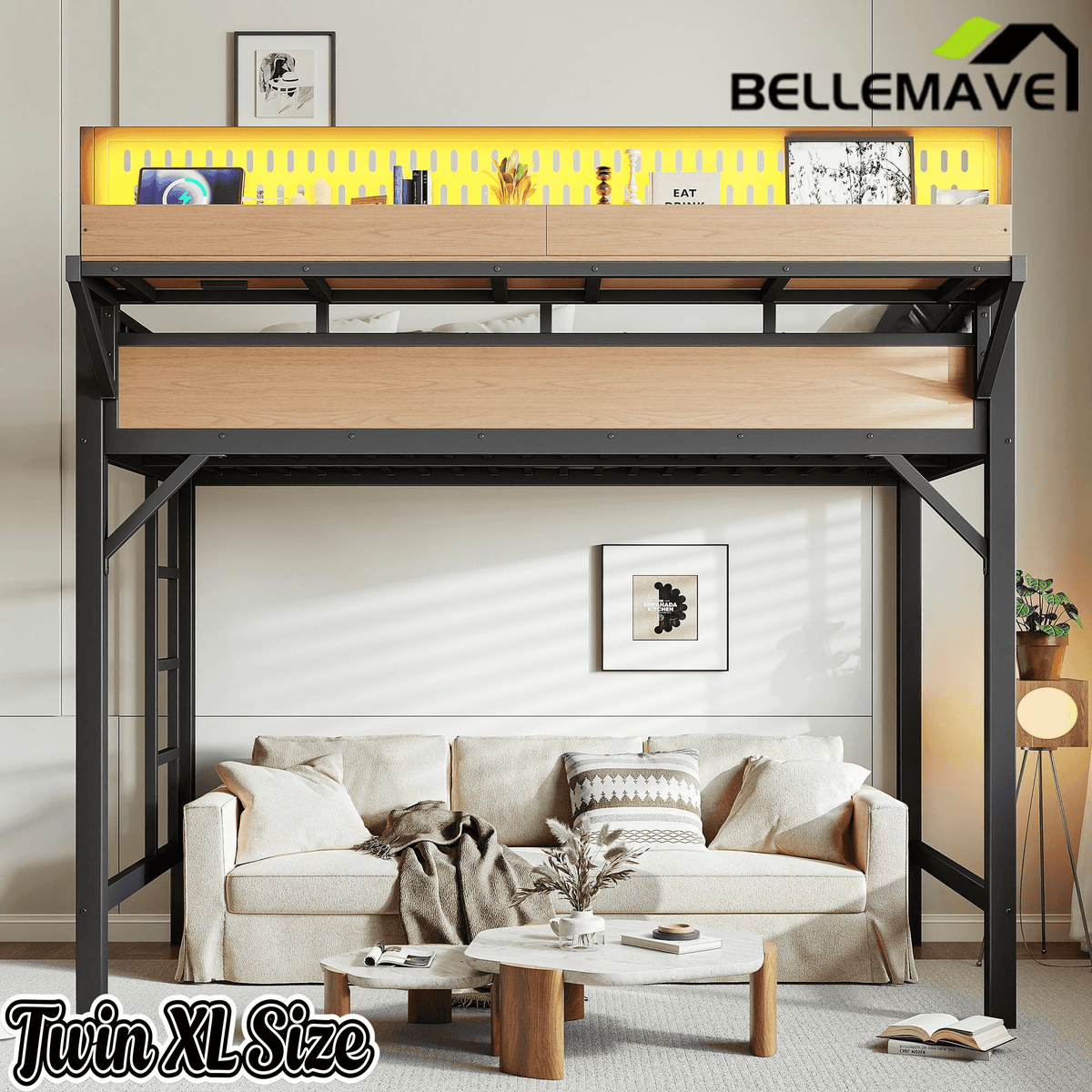 Bellemave® Loft Bed with Ladder, Storage Shelves & Pegboard, Metal Loft Bed Frame with USB Ports & LED Lights for Adults & Teens - Bellemave