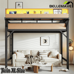 Bellemave® Loft Bed with Ladder, Storage Shelves & Pegboard, Metal Loft Bed Frame with USB Ports & LED Lights for Adults & Teens - Bellemave