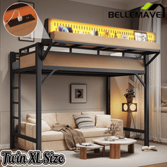Bellemave® Loft Bed with Ladder, Storage Shelves & Pegboard, Metal Loft Bed Frame with USB Ports & LED Lights for Adults & Teens - Bellemave