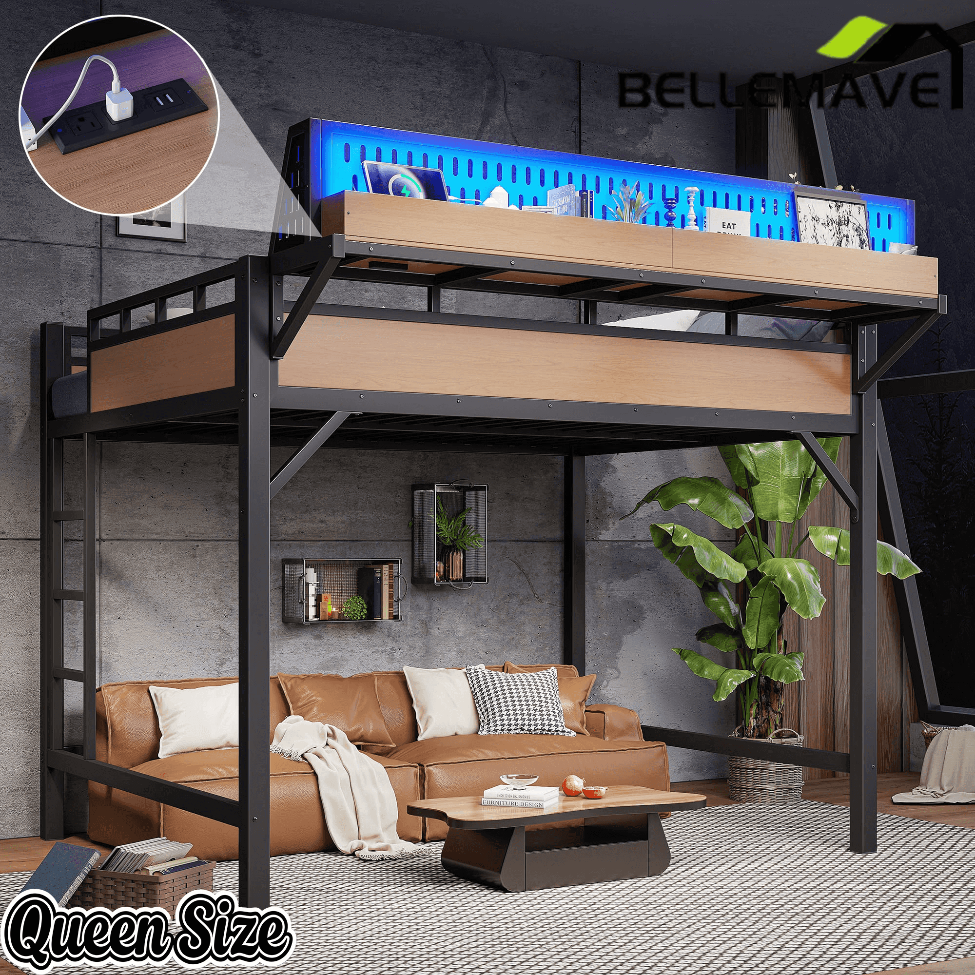 Bellemave® Loft Bed with Ladder, Storage Shelves & Pegboard, Metal Loft Bed Frame with USB Ports & LED Lights for Adults & Teens - Bellemave