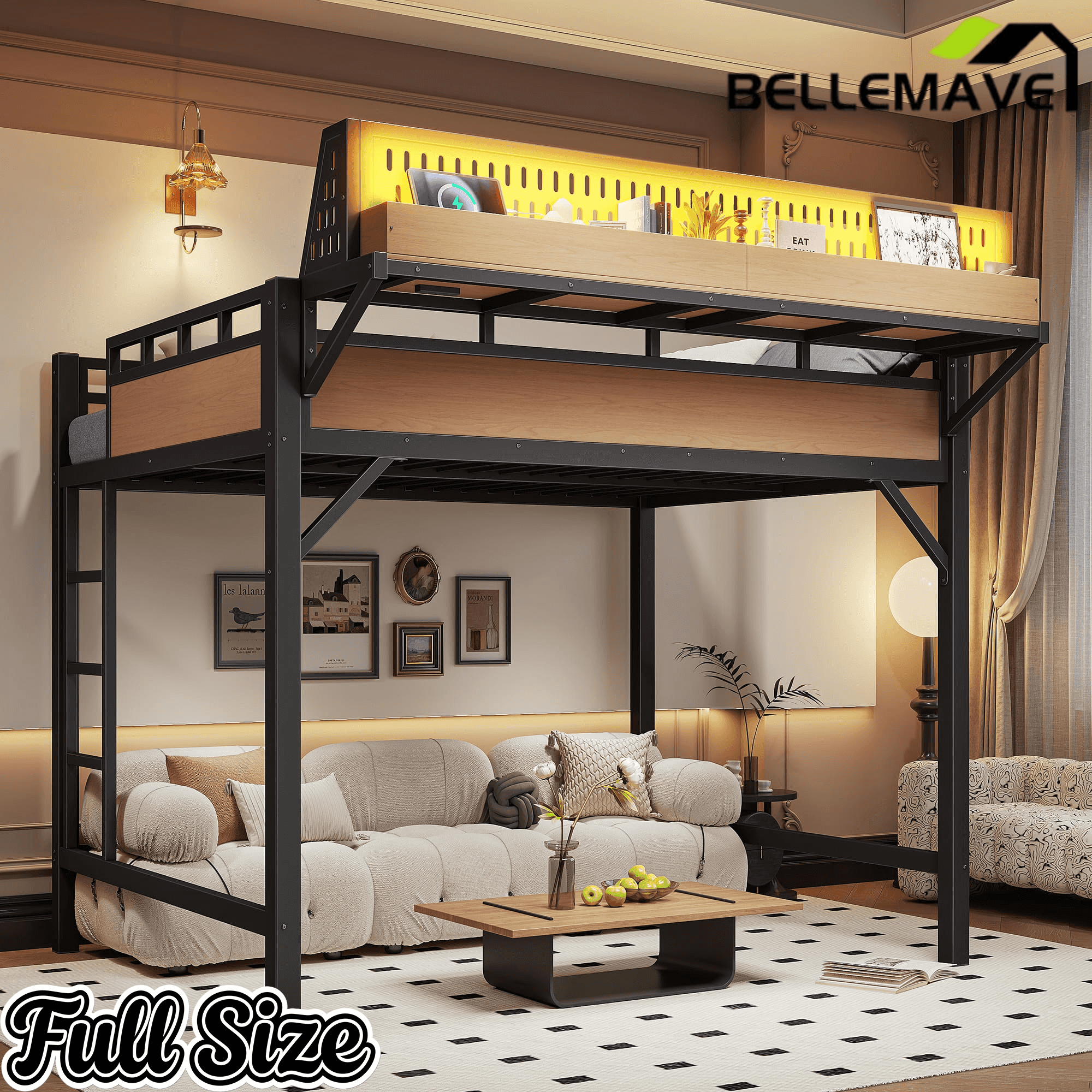 Bellemave® Loft Bed with Ladder, Storage Shelves & Pegboard, Metal Loft Bed Frame with USB Ports & LED Lights for Adults & Teens - Bellemave