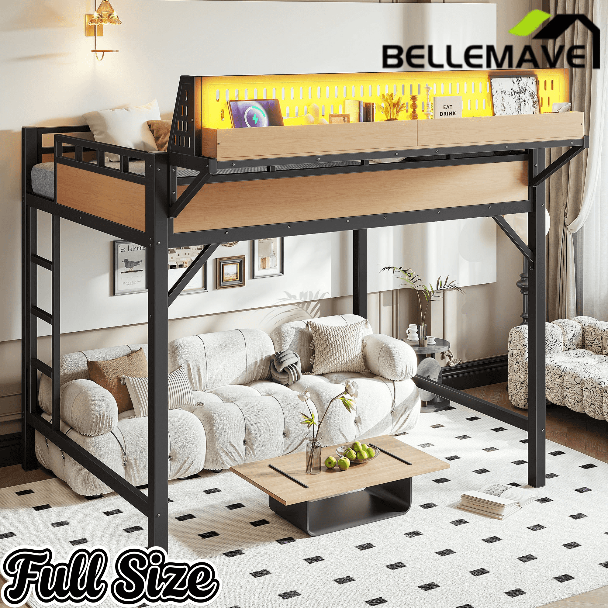 Bellemave® Loft Bed with Ladder, Storage Shelves & Pegboard, Metal Loft Bed Frame with USB Ports & LED Lights for Adults & Teens - Bellemave