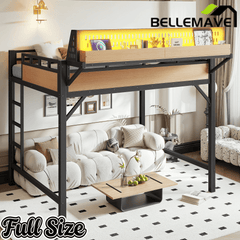 Bellemave® Loft Bed with Ladder, Storage Shelves & Pegboard, Metal Loft Bed Frame with USB Ports & LED Lights for Adults & Teens - Bellemave