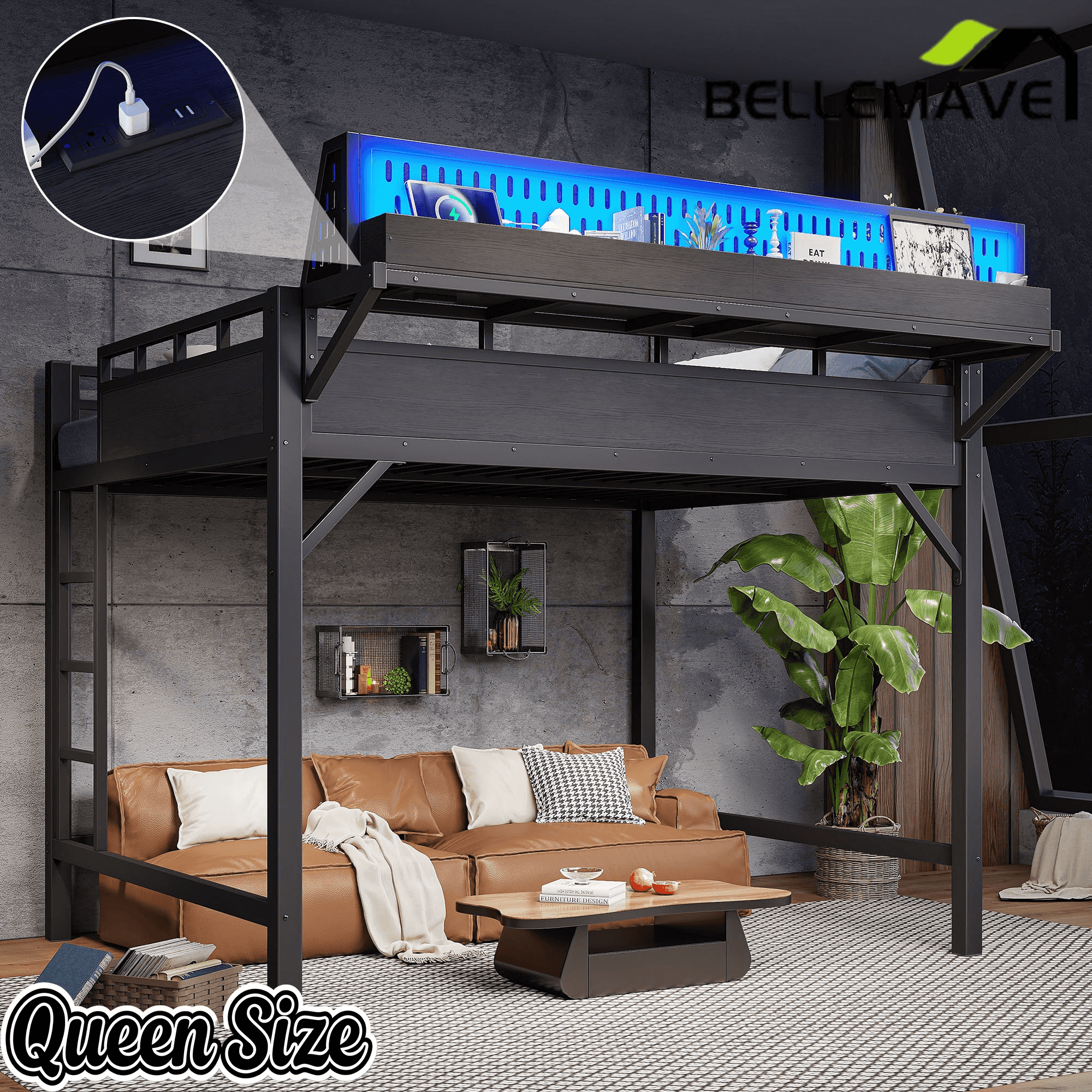 Bellemave® Loft Bed with Ladder, Storage Shelves & Pegboard, Metal Loft Bed Frame with USB Ports & LED Lights for Adults & Teens - Bellemave