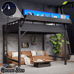 Bellemave® Loft Bed with Ladder, Storage Shelves & Pegboard, Metal Loft Bed Frame with USB Ports & LED Lights for Adults & Teens - Bellemave