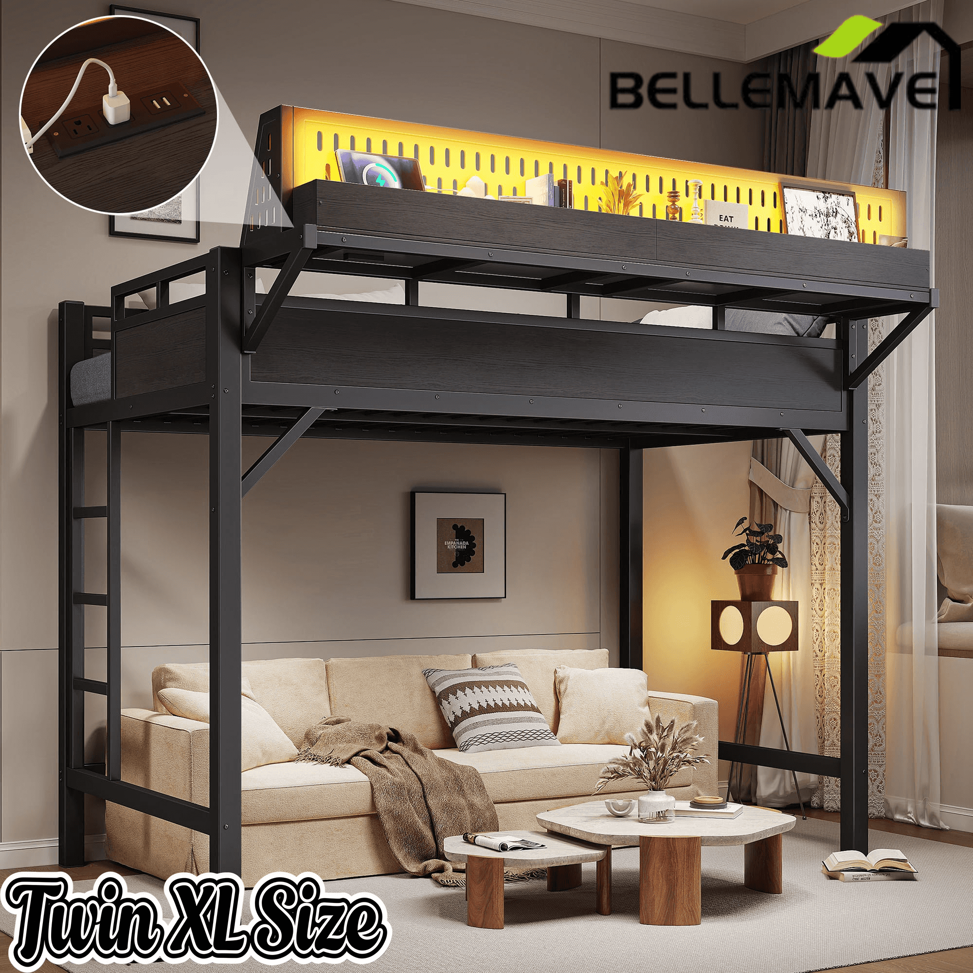 Bellemave® Loft Bed with Ladder, Storage Shelves & Pegboard, Metal Loft Bed Frame with USB Ports & LED Lights for Adults & Teens - Bellemave
