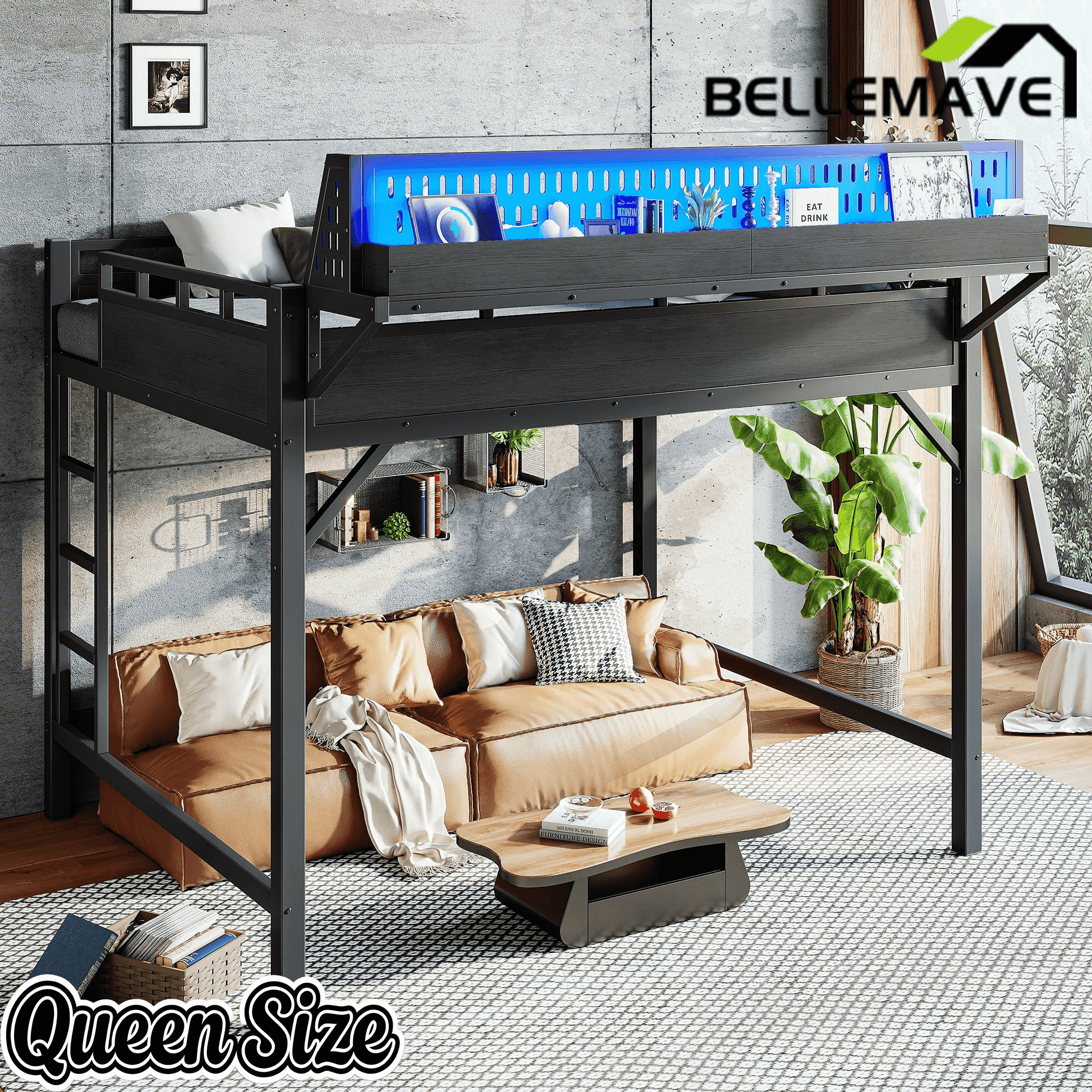 Bellemave® Loft Bed with Ladder, Storage Shelves & Pegboard, Metal Loft Bed Frame with USB Ports & LED Lights for Adults & Teens - Bellemave