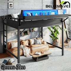 Bellemave® Loft Bed with Ladder, Storage Shelves & Pegboard, Metal Loft Bed Frame with USB Ports & LED Lights for Adults & Teens - Bellemave