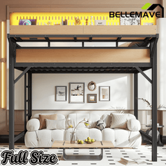 Bellemave® Loft Bed with Ladder, Storage Shelves & Pegboard, Metal Loft Bed Frame with USB Ports & LED Lights for Adults & Teens - Bellemave
