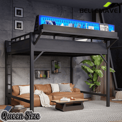 Bellemave® Loft Bed with Ladder, Storage Shelves & Pegboard, Metal Loft Bed Frame with USB Ports & LED Lights for Adults & Teens - Bellemave