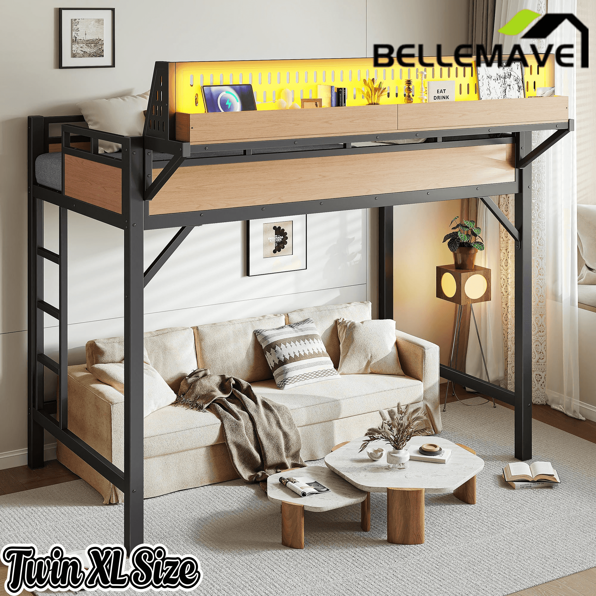 Bellemave® Loft Bed with Ladder, Storage Shelves & Pegboard, Metal Loft Bed Frame with USB Ports & LED Lights for Adults & Teens - Bellemave