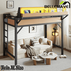 Bellemave® Loft Bed with Ladder, Storage Shelves & Pegboard, Metal Loft Bed Frame with USB Ports & LED Lights for Adults & Teens - Bellemave