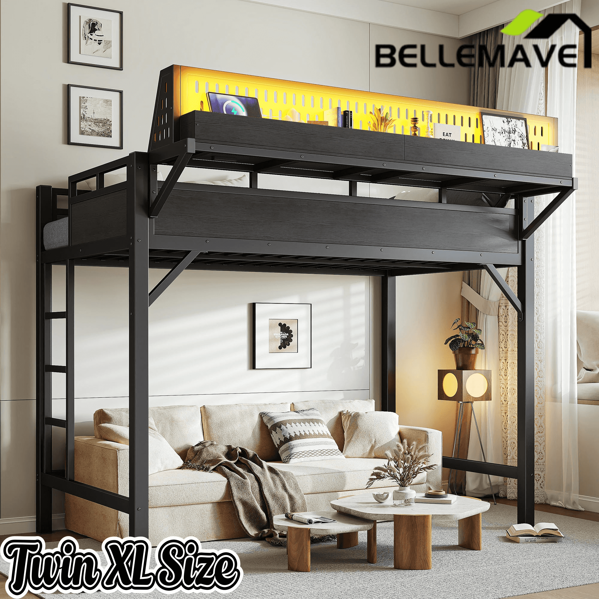 Bellemave® Loft Bed with Ladder, Storage Shelves & Pegboard, Metal Loft Bed Frame with USB Ports & LED Lights for Adults & Teens - Bellemave
