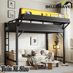 Bellemave® Loft Bed with Ladder, Storage Shelves & Pegboard, Metal Loft Bed Frame with USB Ports & LED Lights for Adults & Teens - Bellemave