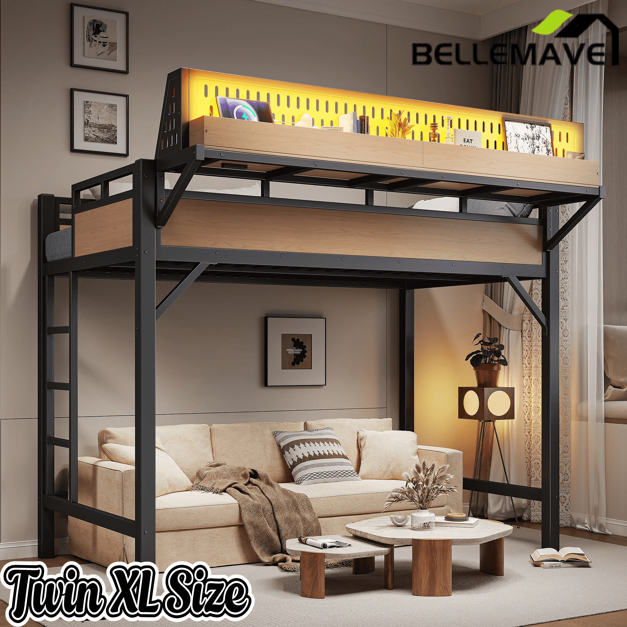 Bellemave® Loft Bed with Ladder, Storage Shelves & Pegboard, Metal Loft Bed Frame with USB Ports & LED Lights for Adults & Teens - Bellemave