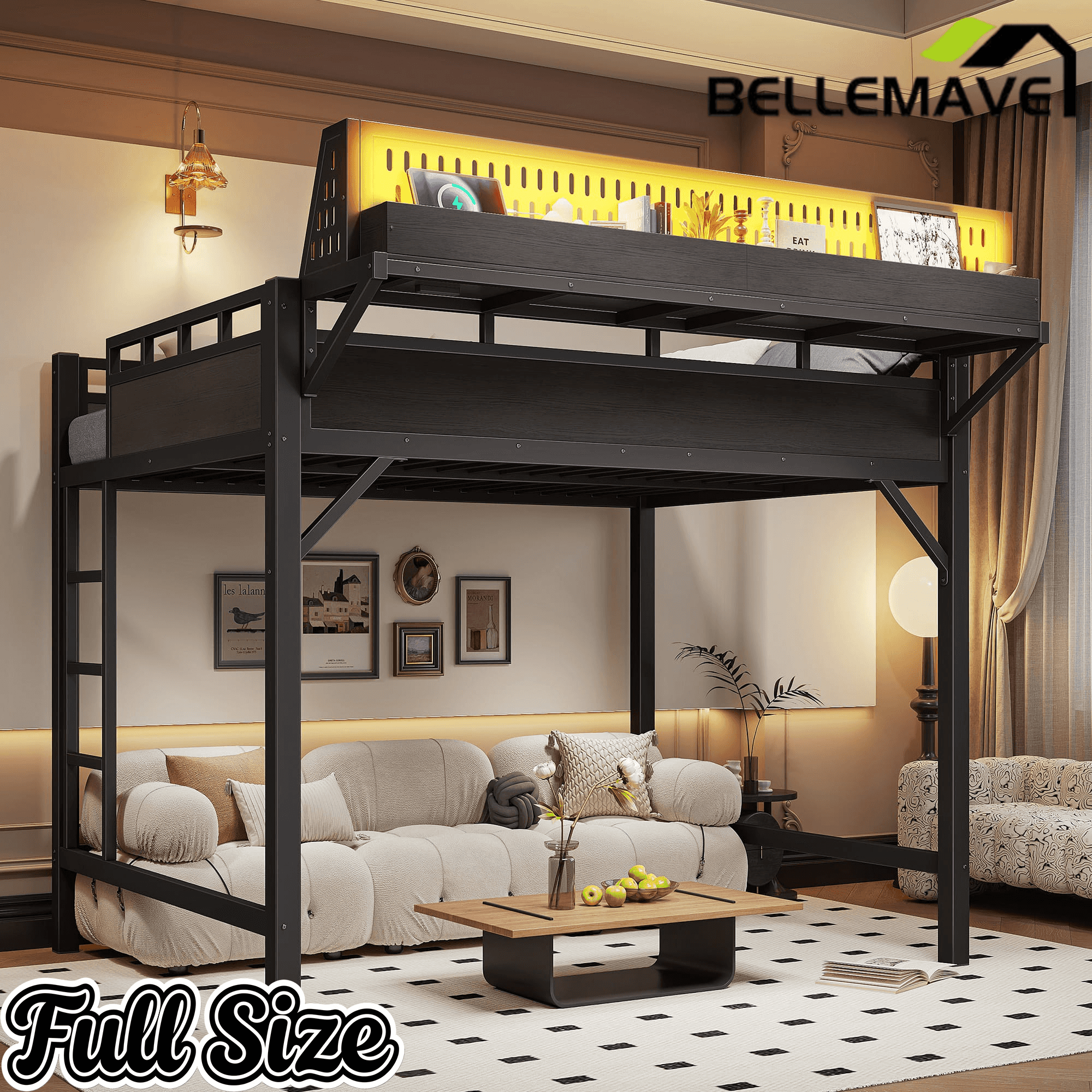 Bellemave® Loft Bed with Ladder, Storage Shelves & Pegboard, Metal Loft Bed Frame with USB Ports & LED Lights for Adults & Teens - Bellemave