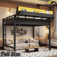 Bellemave® Loft Bed with Ladder, Storage Shelves & Pegboard, Metal Loft Bed Frame with USB Ports & LED Lights for Adults & Teens - Bellemave