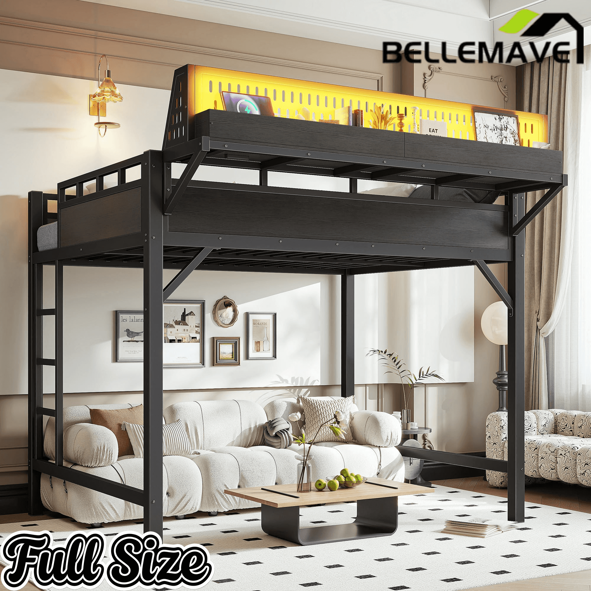 Bellemave® Loft Bed with Ladder, Storage Shelves & Pegboard, Metal Loft Bed Frame with USB Ports & LED Lights for Adults & Teens - Bellemave