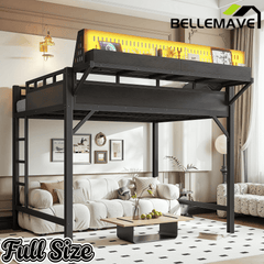 Bellemave® Loft Bed with Ladder, Storage Shelves & Pegboard, Metal Loft Bed Frame with USB Ports & LED Lights for Adults & Teens - Bellemave