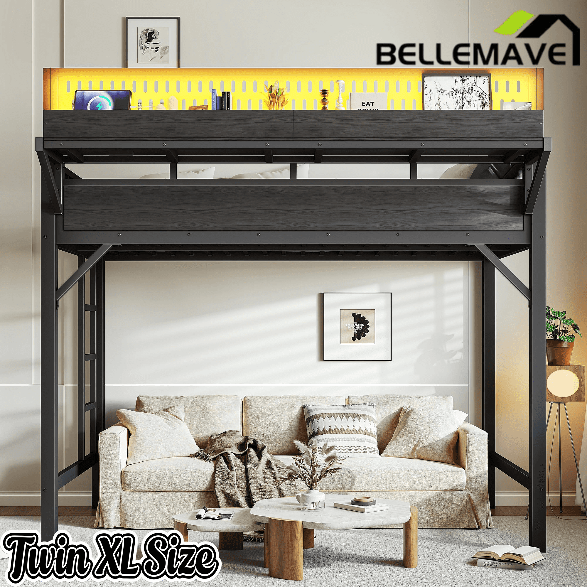 Bellemave® Loft Bed with Ladder, Storage Shelves & Pegboard, Metal Loft Bed Frame with USB Ports & LED Lights for Adults & Teens - Bellemave