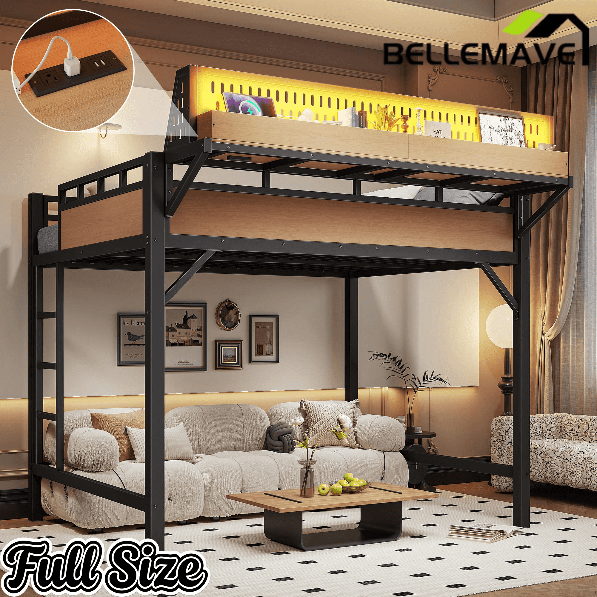 Bellemave® Loft Bed with Ladder, Storage Shelves & Pegboard, Metal Loft Bed Frame with USB Ports & LED Lights for Adults & Teens - Bellemave