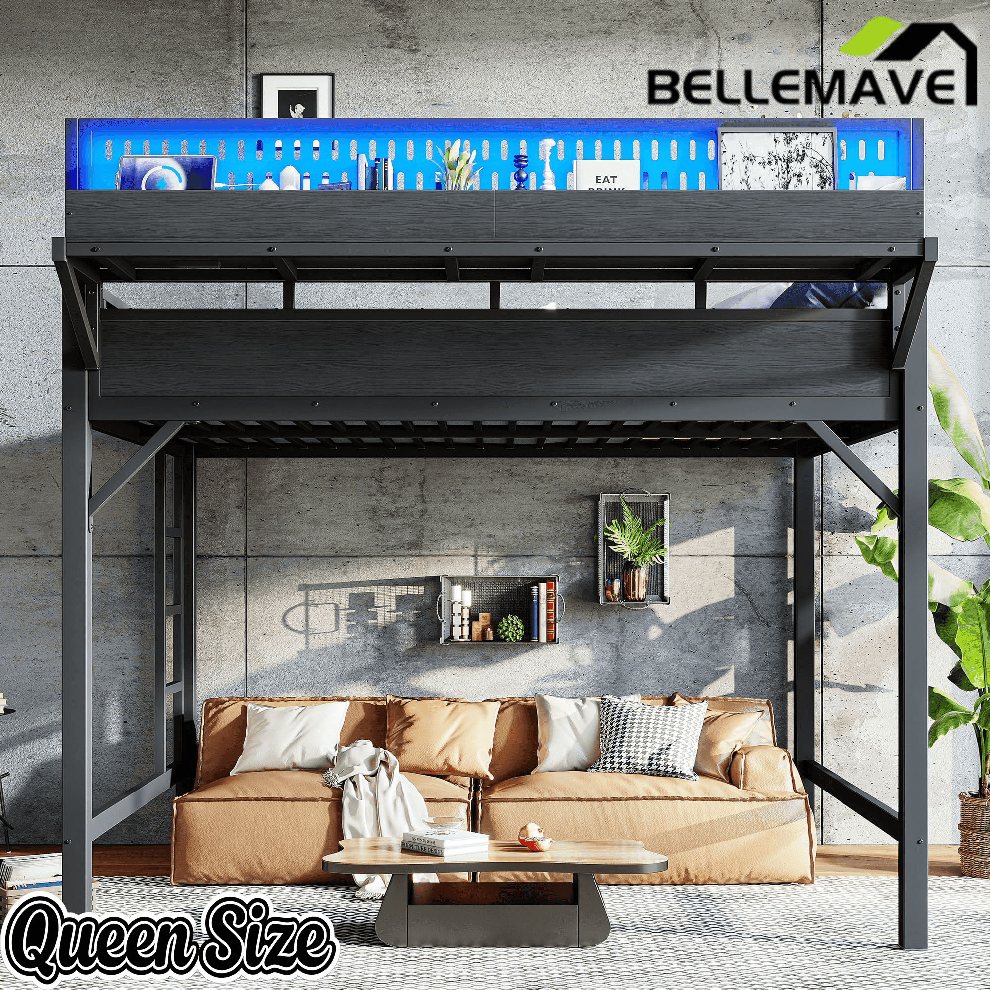 Bellemave® Loft Bed with Ladder, Storage Shelves & Pegboard, Metal Loft Bed Frame with USB Ports & LED Lights for Adults & Teens - Bellemave