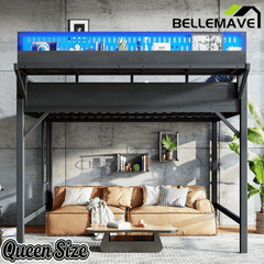 Bellemave® Loft Bed with Ladder, Storage Shelves & Pegboard, Metal Loft Bed Frame with USB Ports & LED Lights for Adults & Teens - Bellemave