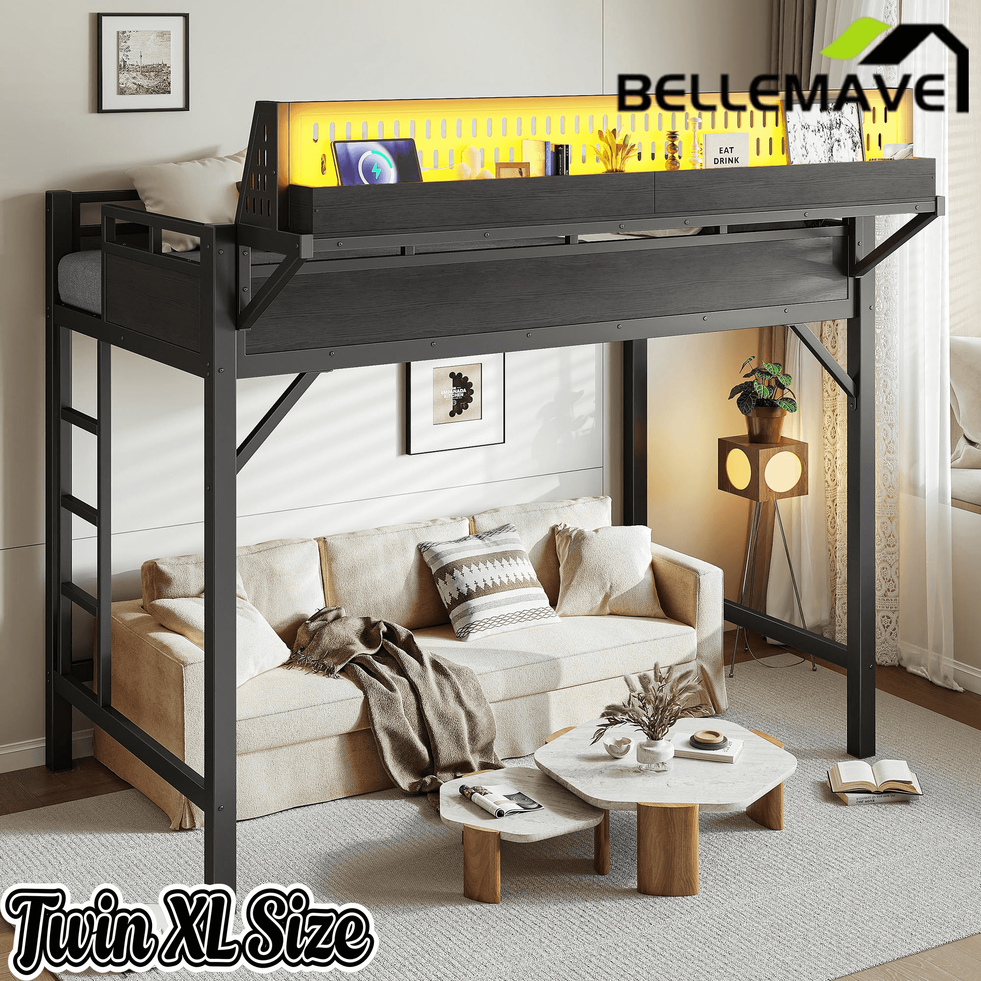 Bellemave® Loft Bed with Ladder, Storage Shelves & Pegboard, Metal Loft Bed Frame with USB Ports & LED Lights for Adults & Teens - Bellemave