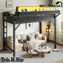 Bellemave® Loft Bed with Ladder, Storage Shelves & Pegboard, Metal Loft Bed Frame with USB Ports & LED Lights for Adults & Teens - Bellemave